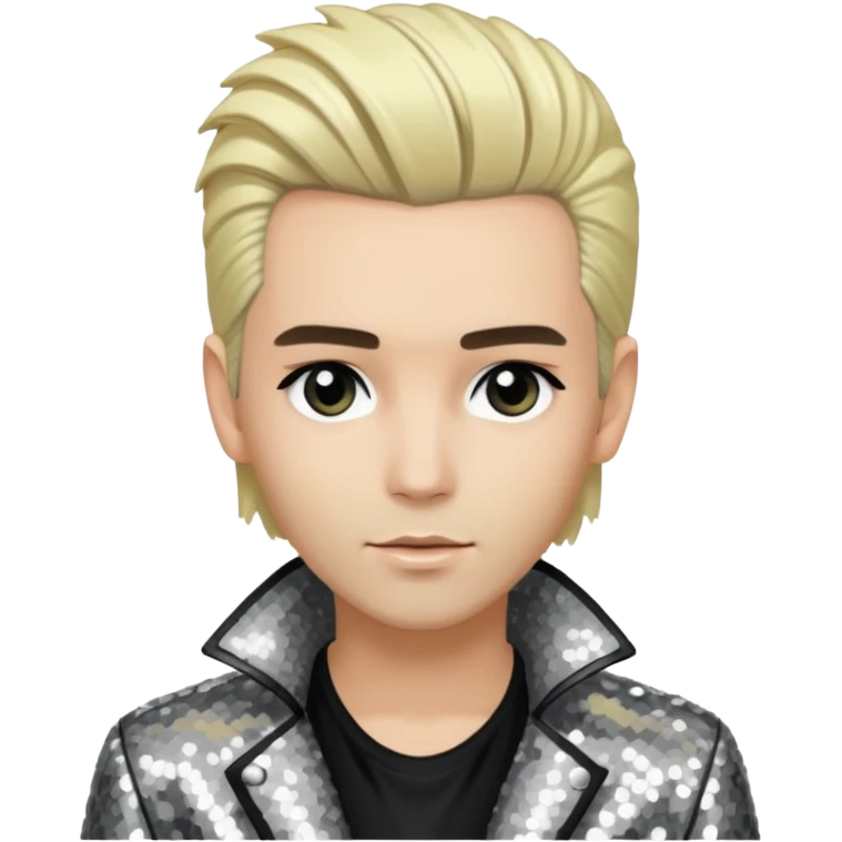  Bill Kaulitz from Tokio Hotel with blonde hair, silver sequin jacket, black shirt emoji