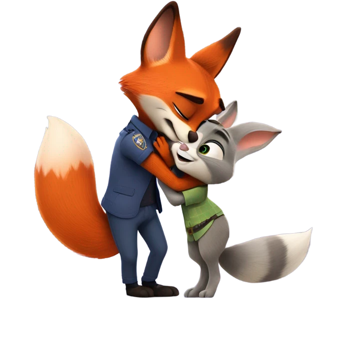 Nick Wilde the orange fox from Zootopia and Judy Hopps the grey bunny from Zootopia hugging each other emoji
