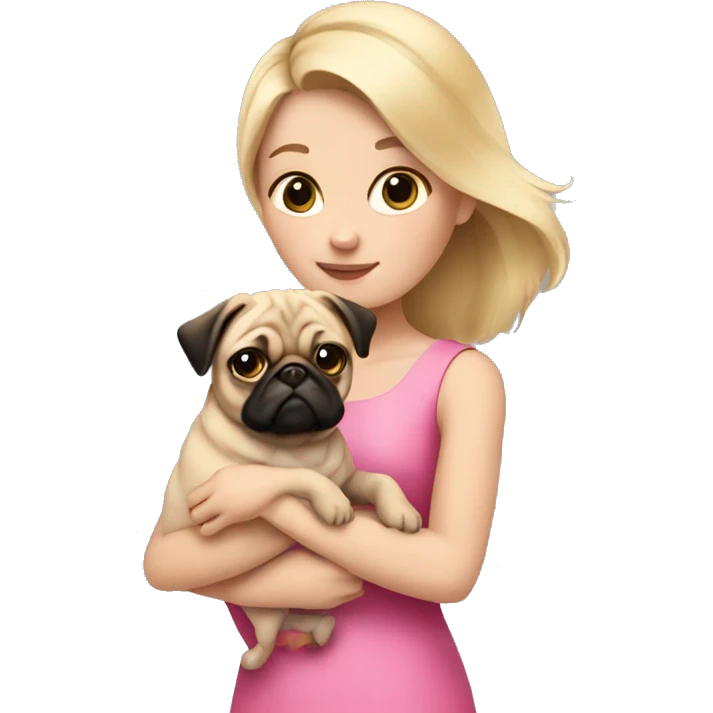 Blonde girl in a pink dress holding a pug emoji