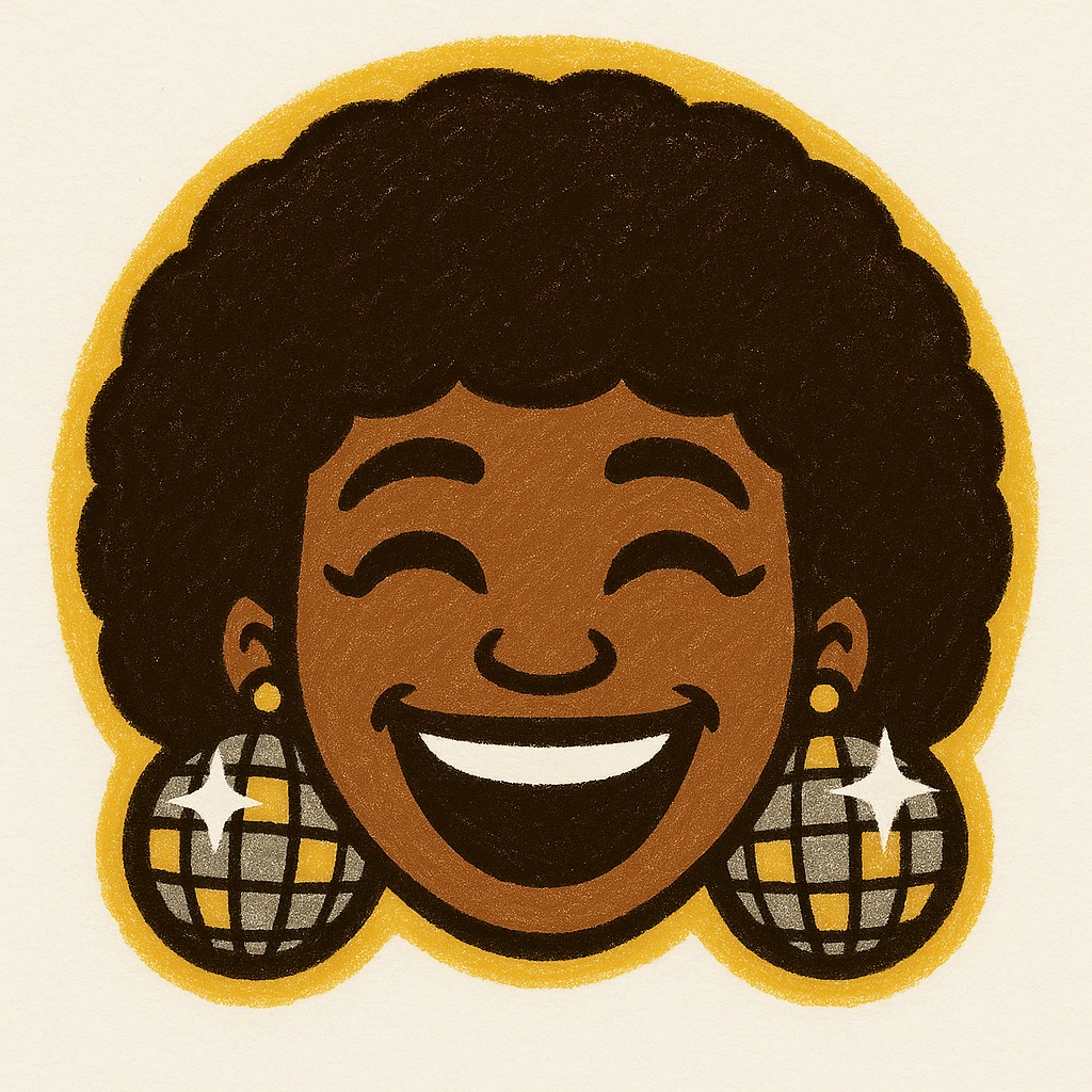 Create a 1970s disco emoji of just the head of a female African American, inspired by the references, using only gold, silver, black, and white. Show a laughing expression, afro hairstyle, and sparkling disco earrings in these colors, in a vibrant pop colors style. emoji