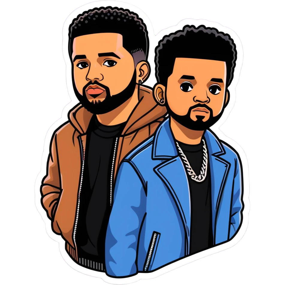 Toronto celebrities and musicians drake and the weeknd, illustration, sticker. must be ultra hyperrealistic, and mirco-detailed, 3D sticker design
 Must be 8k hd, 8000x8000px resolution. Must use very thin transparent smooth lines emoji