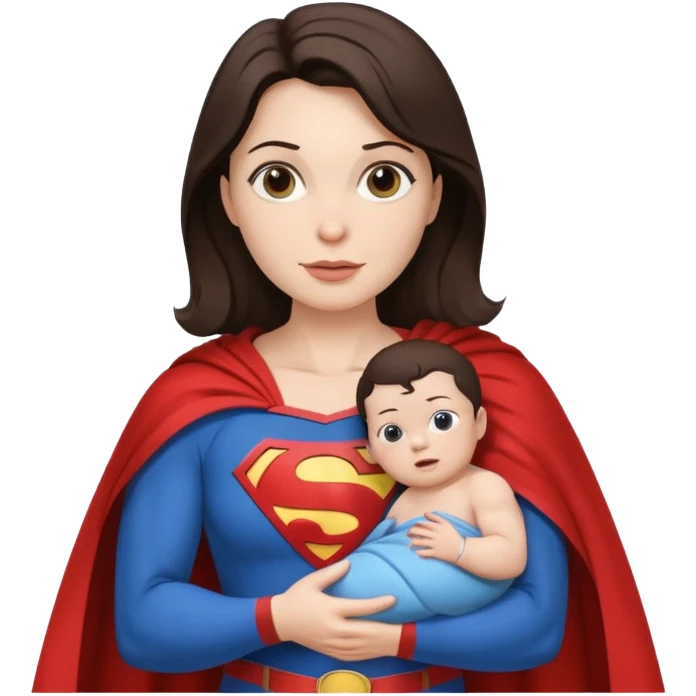 mother white skin brunette dressed as Superman with a cape holding a baby emoji