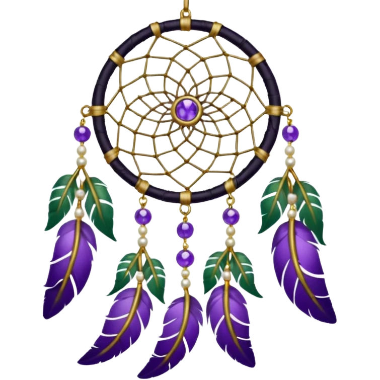 Black dreamcatcher with amethyst crystals, gold pearls, and plants, and violet and white feathers, green ivies  emoji