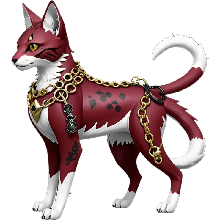 Epic complex knightly divine glorious futuristic detailed dark dusky gloomy deep gothic sanguine-blood-maroon-black-white, realistic Fakémon-Sprigatito-Floragato-Meowscarada-Trico-Sergal-Serval-Vernid-creature (full body) with metal gears and metal collar with gold chains emoji