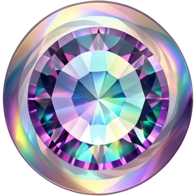 Round cut gemstone of mystic quartz with swirling holographic colors inside emoji