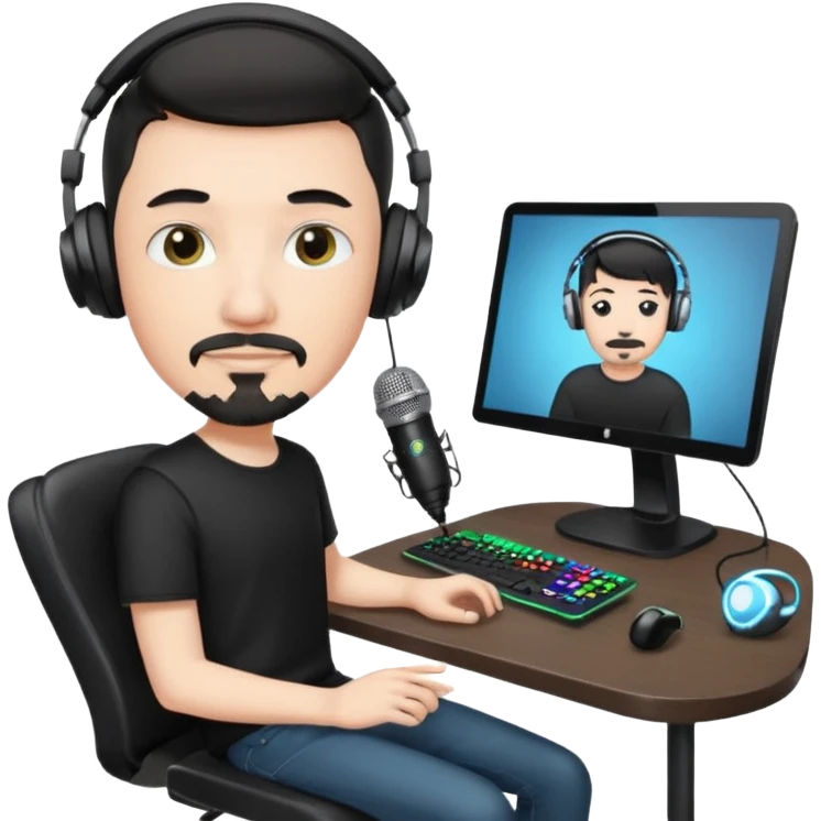 a setup of a youtuber, white skin, thin goatee, black short hair, with a desktop pc on a table, a gaming chair, microphone, white ring light emoji