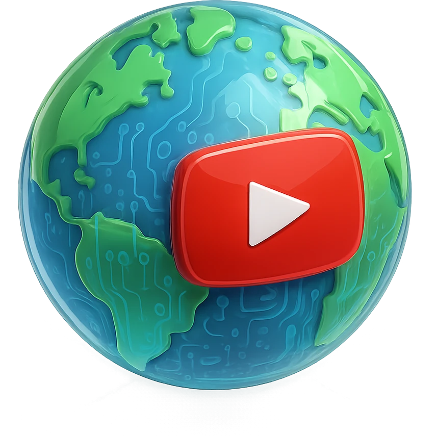 globe with YouTube play button, glossy circuit style emoji