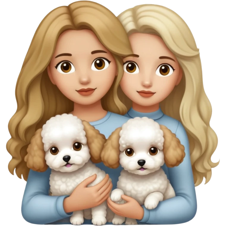 A beautiful olive skinned girl with long brownish blonde hair, holding 3 bichon frise's emoji