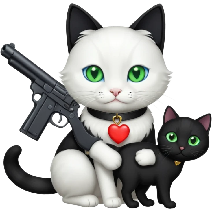 Black cat giving white cat a gun and a heart emoji