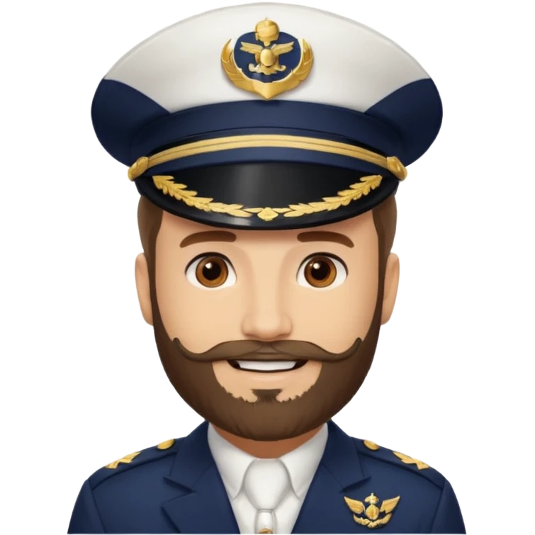 A light-skinned man with brown eyes and a beard, smiling while wearing a white captain’s hat with a navy emblem. emoji