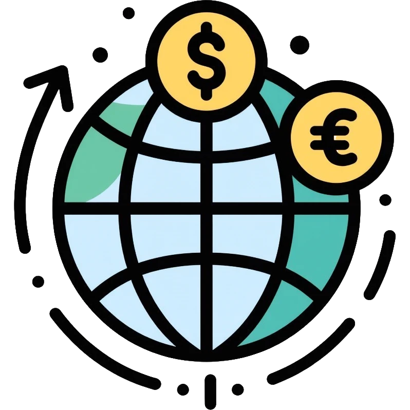Globe with dollar, euro, and yen currency symbols representing global economy and international trade emoji