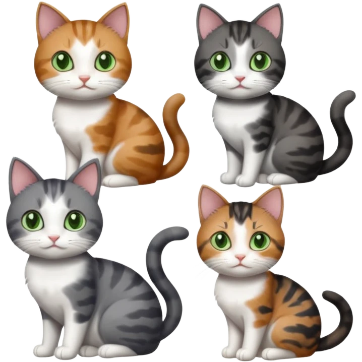 4 different coloured small cats including a dark grey and white, and a patchy calico, and a brown tabby and white,  and a completely solid dark grey with green eyes and only white paws emoji