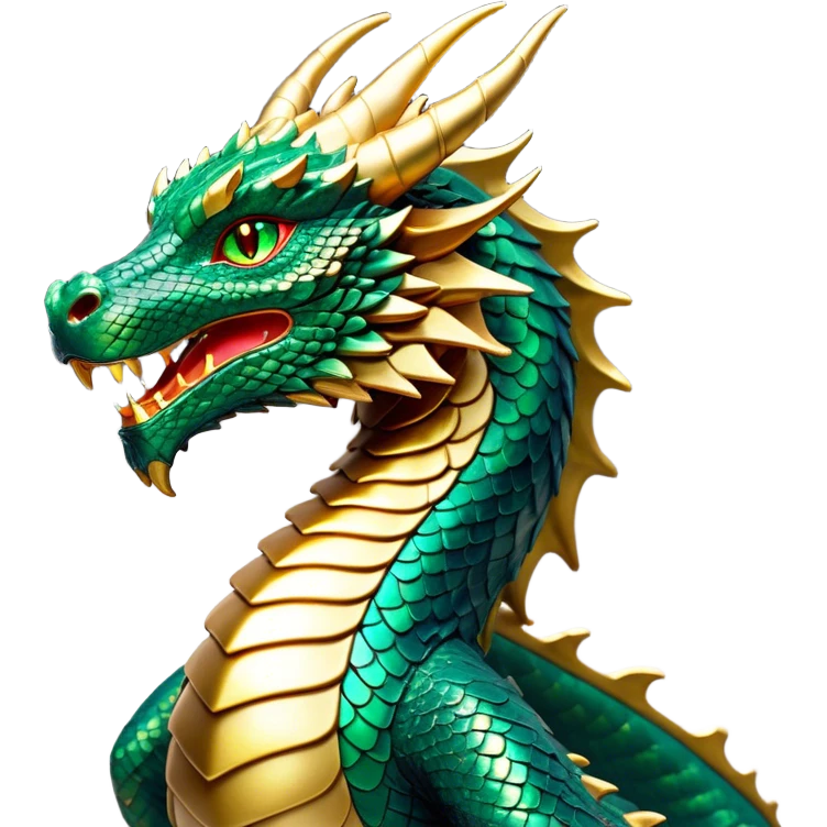 Cinematic Noble Dragon Portrait Emoji, Poised and majestic, with a sinuous, elongated body covered in intricately detailed, shimmering scales in hues of emerald and gold, and piercing, fiery eyes that reflect ancient wisdom; rendered with lifelike texture and natural highlights, high shine, intelligent and formidable, styled with an aura of mythic power, focused and attentive, soft glowing outline, capturing the essence of a legendary dragon that appears ready to soar out of the screen with timeless authority! emoji