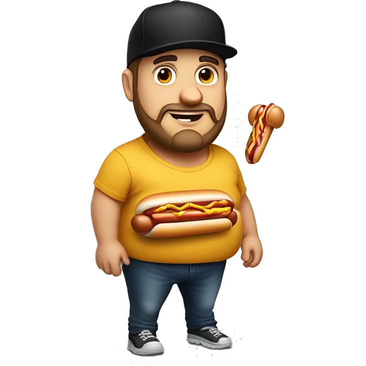 Fat Jewish man in his 30s wearing black trucker hat the image of a hot dog on it emoji