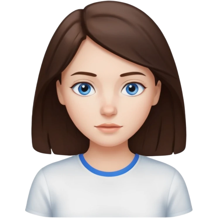 Create an emoji of a white Girl with brunette hair blue eyes faint freckles and hair to her shoulders wearing a white shirt emoji