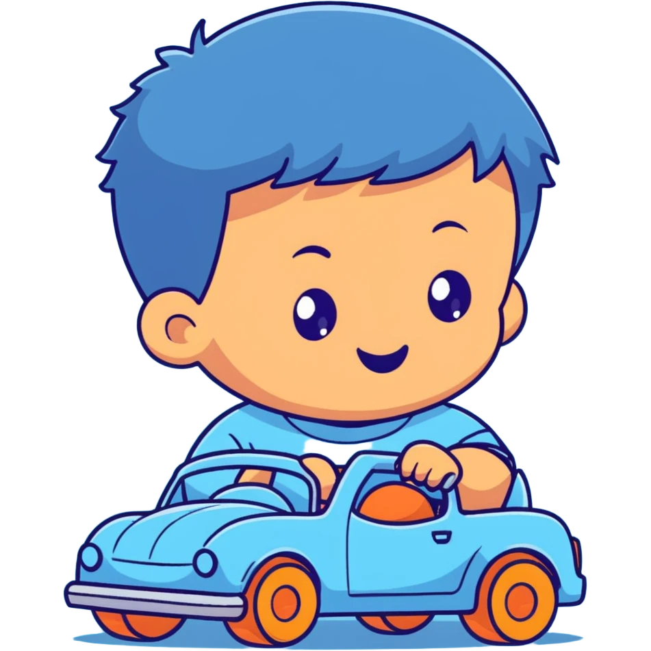 cute toddler boy with pastel blue clothes playing with a blue toy car emoji