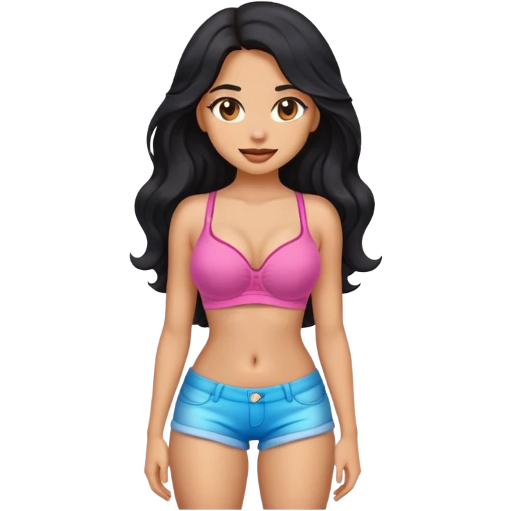 Garota emoji sexy, corpo bonito, cabelo preto longo ondulado, morena clara, sutiã e short curto,  emoji