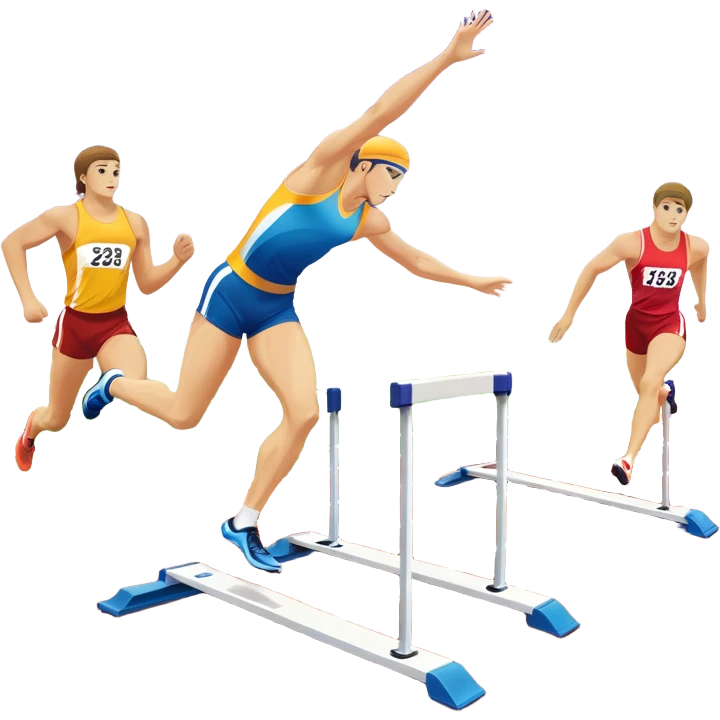 A collage of track and field equipment: a starting block, javelin, hurdle, discus, and high jump bar, symbolizing various disciplines. The background features a vibrant stadium with a running track, field events area, and cheering crowds.  emoji