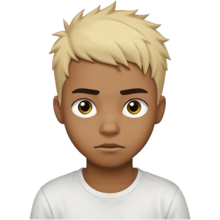Black Male Teenager with Short punk messy blonde hair, Dark brown bushy eyebrows large expressive golden-brown eyes, wearing a plain white t-shirt, Dark Brown skin color. emoji