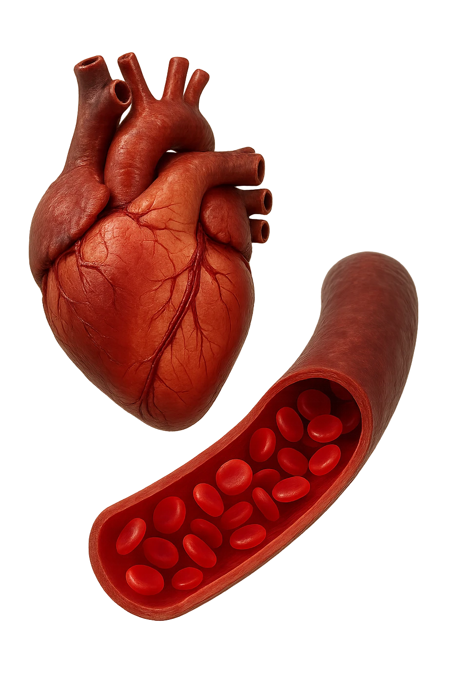 cuore anatomico umano fluttuano in aria insieme ad una vena umana con globuli rossi , iperrealistiche 4k emoji