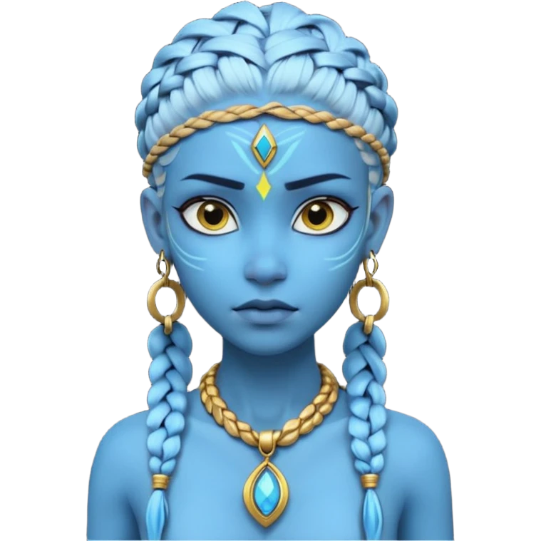Create an icon of a Na’vi-inspired female character with glowing blue skin, braided hair, tribal forehead markings, large expressive eyes, gold earrings, and a rope necklace with a golden pendant. The expression should be calm and serious, matching the style of the movie Avatar emoji