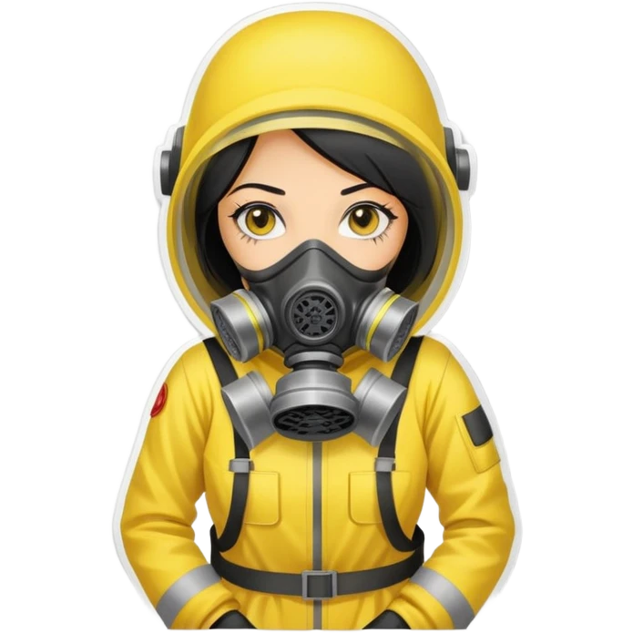  Sticker of a girl with straight black hair, wearing a yellow hazmat suit and a gas mask. Serious atmosphere, cartoon style, radiation danger background.  emoji