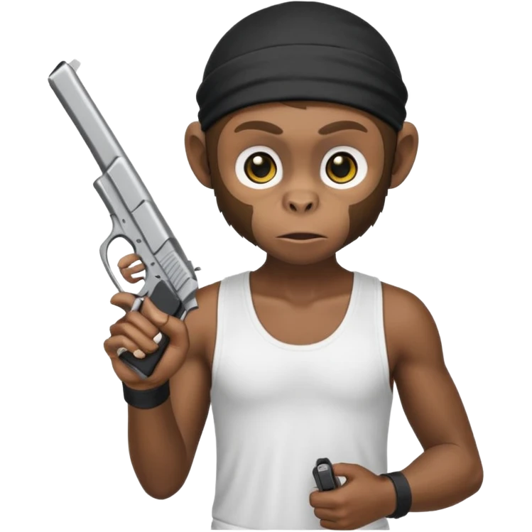 Monkey wearing a black dorag and a white tank top holding a Glock postol emoji