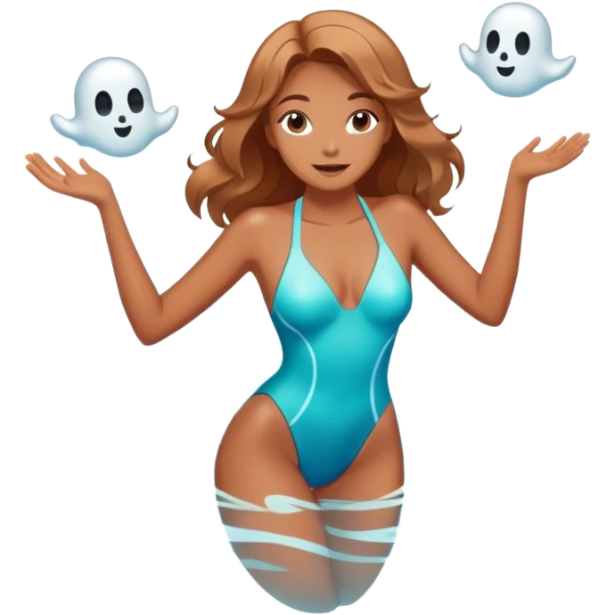 Glamorous wizard woman in a swimsuit, floating in a magical pool with a playful ghost. emoji
