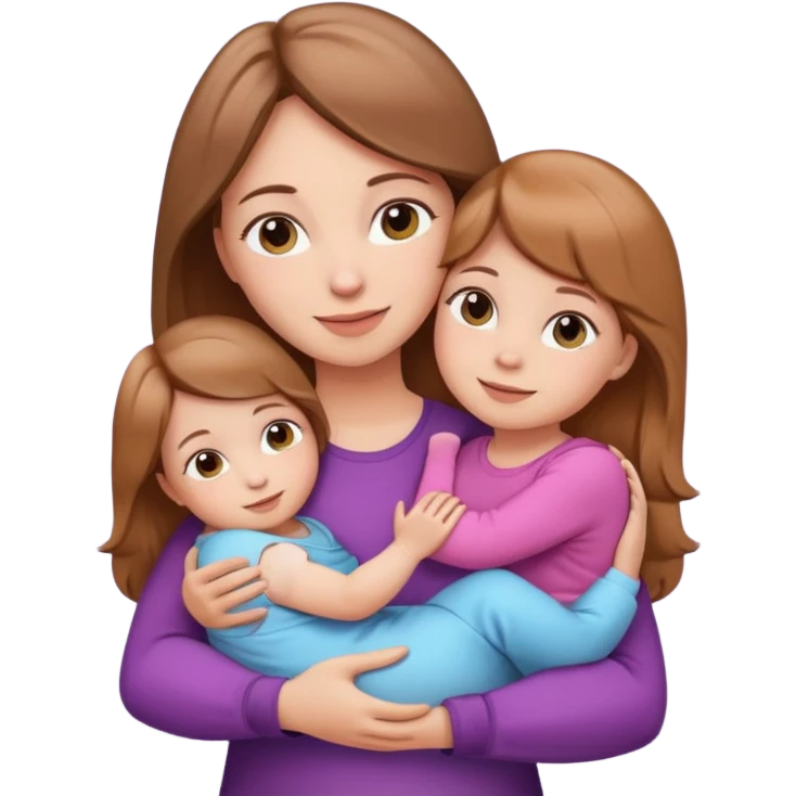 mother with light brown hair hugging two daughters, one 6 months old baby girl and one 5 years old girl, emoji style, simple shapes, bright colors, friendly expression emoji
