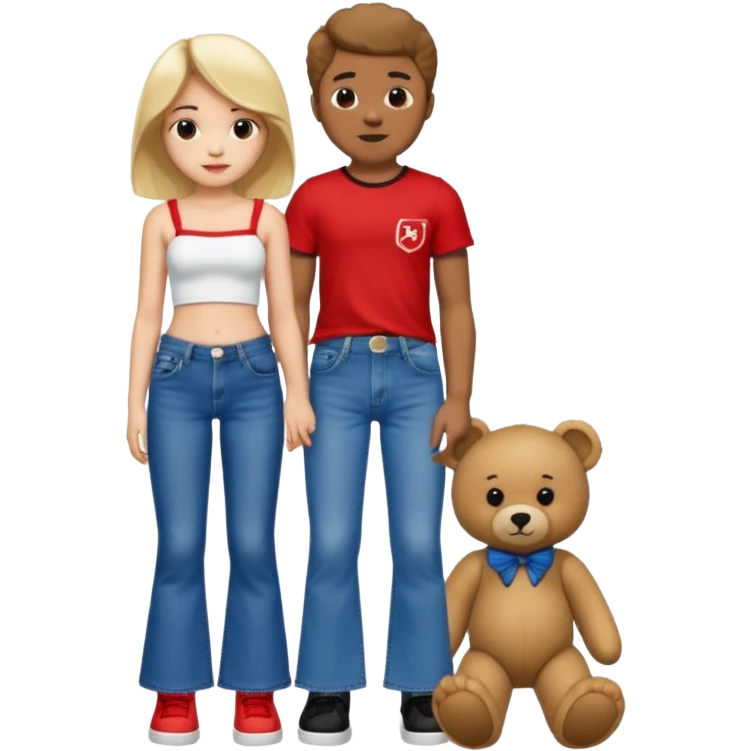 A boy and a girl teddy bear for the boy bear put on true religion shirt and jeans with black shoes and for the girl put flare jeans and a red tube top and white shoes just bears not the humans  emoji
