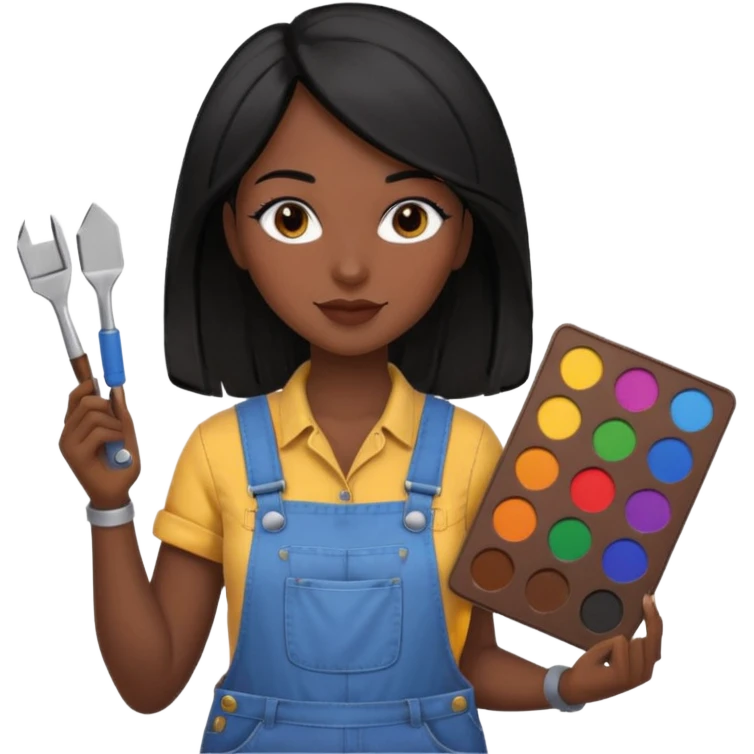 Créame emoji de una mujer que sea diseñadora industrial, pelo negra, piel morena, femenina con overol y una paleta de colores o herramientas de taller piel oscura chocolate cabello largo  emoji