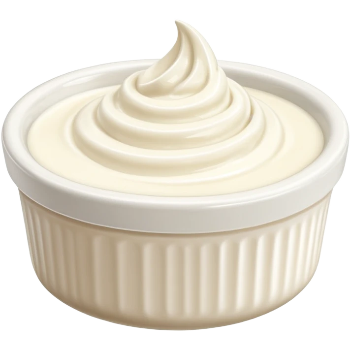 small dollop or swirl of thick creamy white crème fraîche, smooth slightly glossy surface, soft peaks, rich velvety texture, mild sheen, simple label-free ramekin or transparent cup, clean 3D look, soft lighting, no garnish or extra elements, no faces, emoji scale emoji