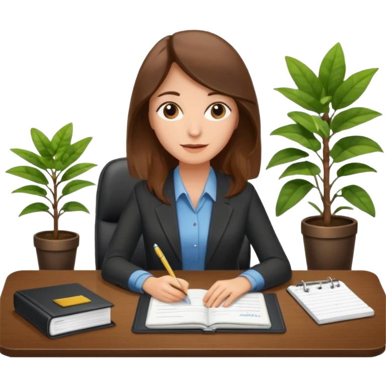 imagen de una mujer castaña en una oficina con escritorio, silla, notebook, agenda y una planta con un cartel que diga en español FUERA DE OFICINA emoji