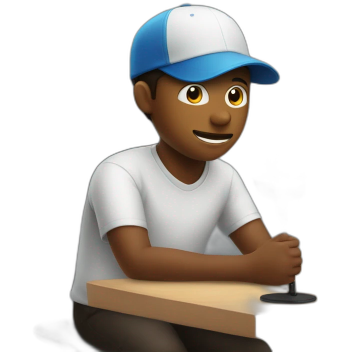Boy wearing mask and cap sitting on chair with table with mic on table emoji