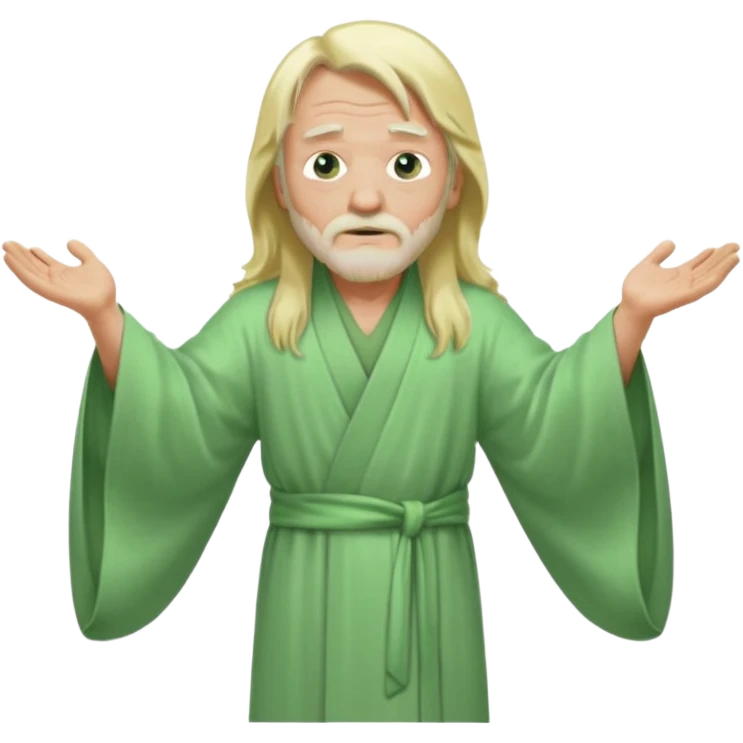 an old man, green eyes, long blonde hair, light green wide, flowing outer robe. opening arms, gazing thoughtfully. Soft light, subtle fern. Waist-up, profile. emoji