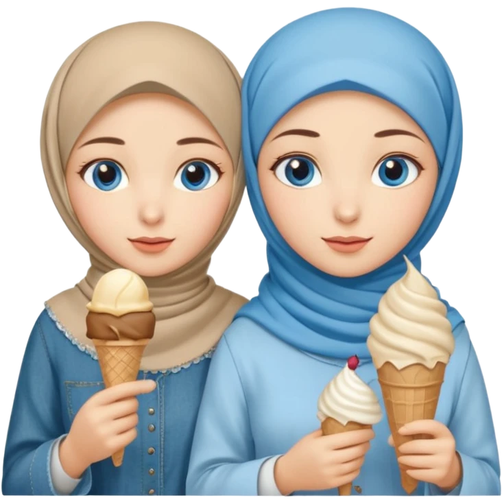 Turkish beautiful finish Konya two girls blue eyes with beige denim hijab islamic dress and had on her hand ice cream emoji