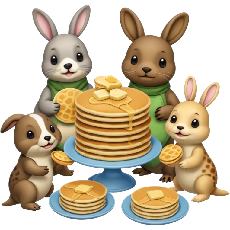 Seal, dog, bunny, turtle all eating pancakes in 1 image together emoji