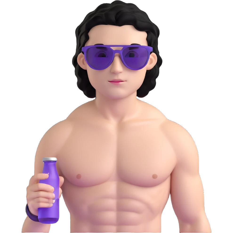 shirtless male athlete with white skin and moderately curly black hair on top with shaved sides, wearing purple sunglasses with black tinted lenses emoji