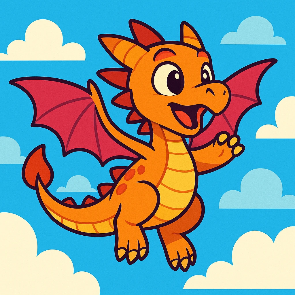 young dragon learning to fly, colorful cartoon style emoji