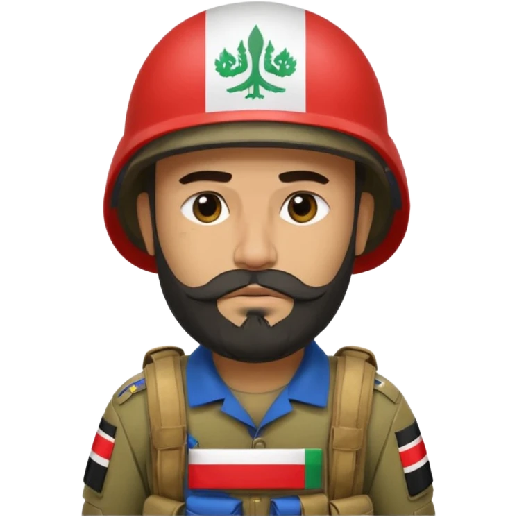 A very tired and sad, swarthy Iraqi soldier with a beard, an Iraqi flag on his helmet, a sad expression and bags under his eyes emoji