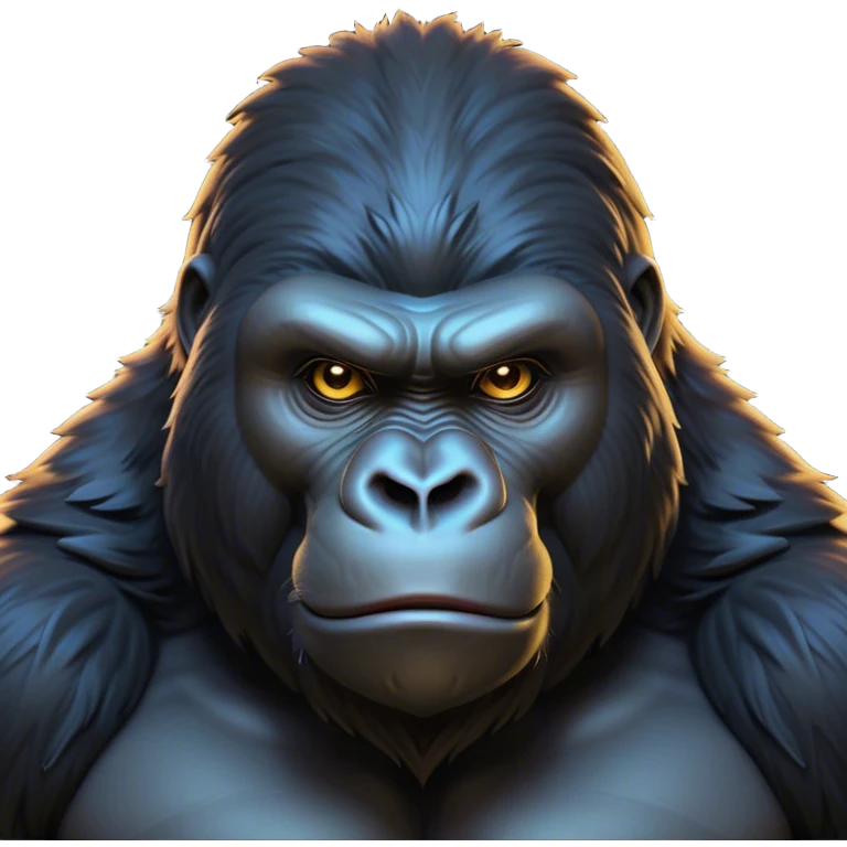 Cinematic Noble Gorilla Portrait Emoji, Poised and commanding, with a massive, muscular build cloaked in dense, rich fur and deep, soulful eyes, Simplified yet sharp and sophisticated features, highly detailed, glowing with a soft, dignified jungle glow, high shine, intelligent and formidable, stylized with an air of primate majesty, focused and authoritative, soft glowing outline, capturing the essence of a watchful guardian that feels as though it could step out of the screen with effortless authority! emoji