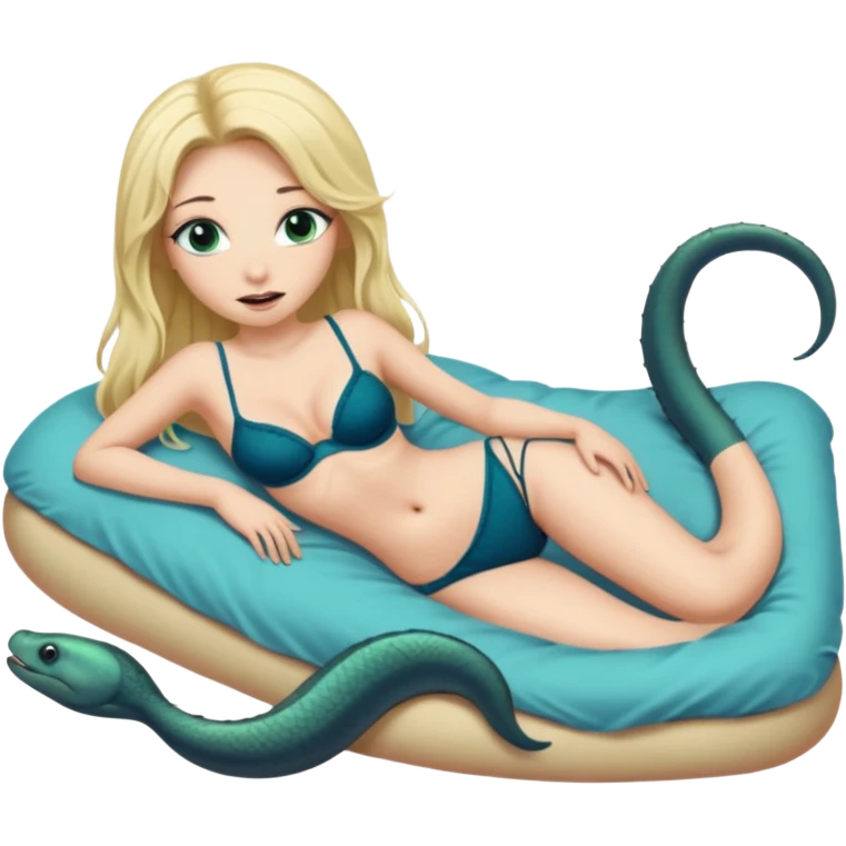 Blonde baddie with very long hair long black lashes blue-green eyes lay in a big bed in underwear And an eel lies between her legs and Sticks his head in emoji