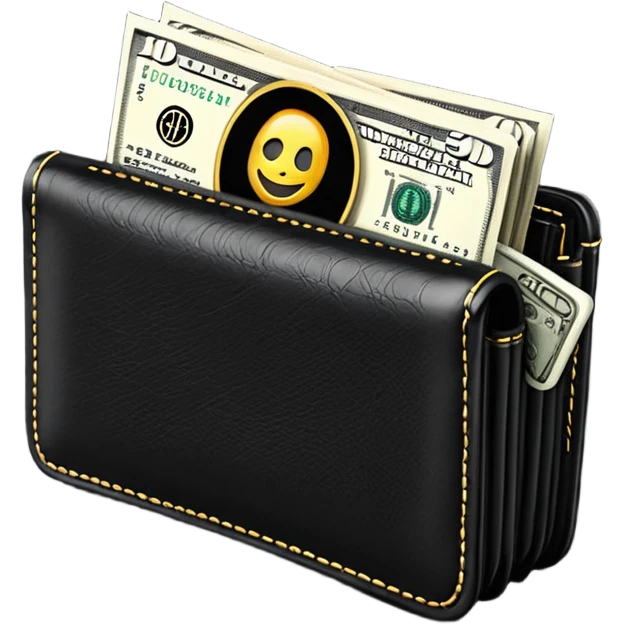 Rich emoji style black leather wallet with dollar bills, luxury money vibe, premium 3D emoji, ultra clean, high detail, no background
 emoji