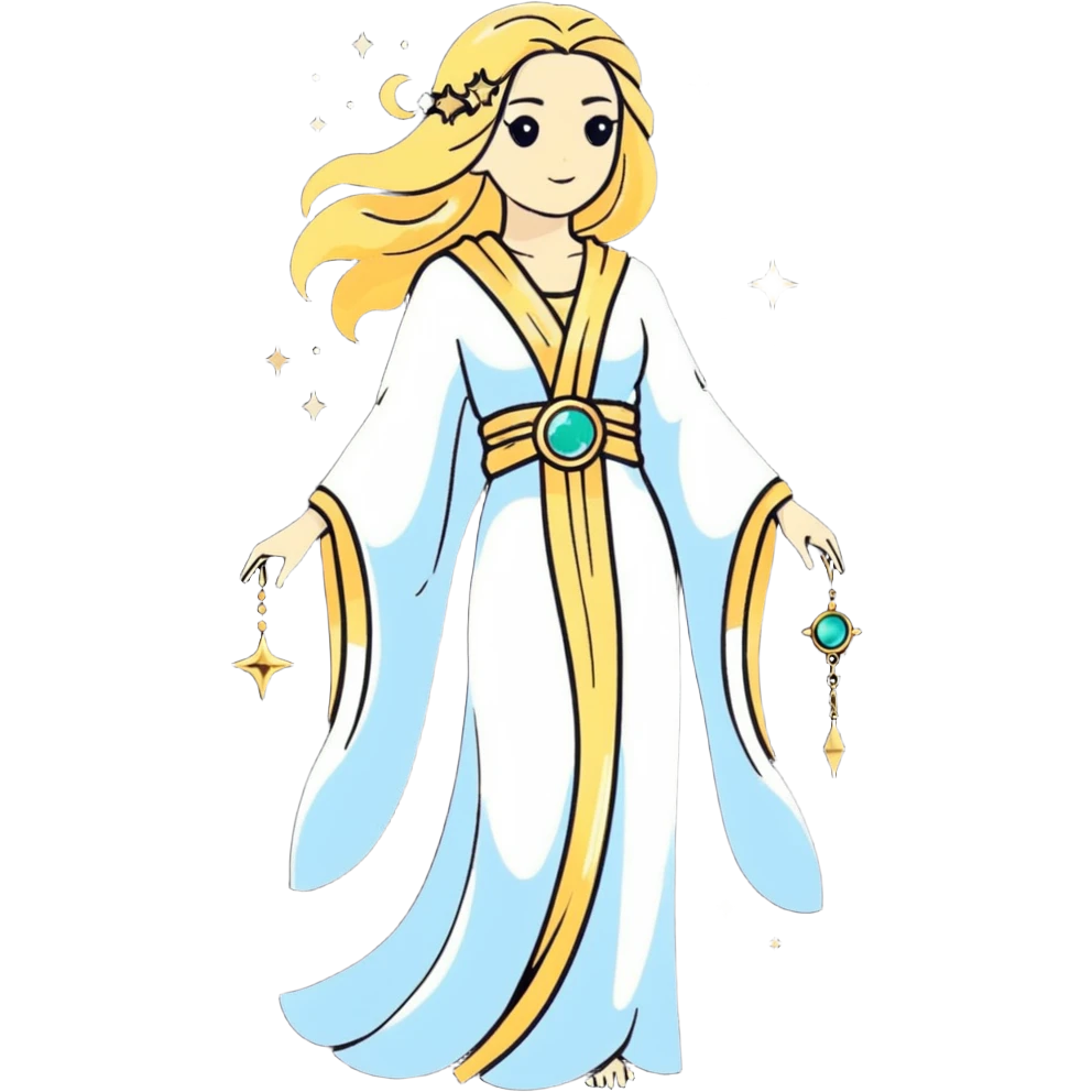 fullbody universe goddess Sophia, Ethereal Light Being, Made of starlight and fractals, Glowing white/gold skin with flowing translucent robes, Hair like galaxy mist, Jewelry made of stars and crystals emoji