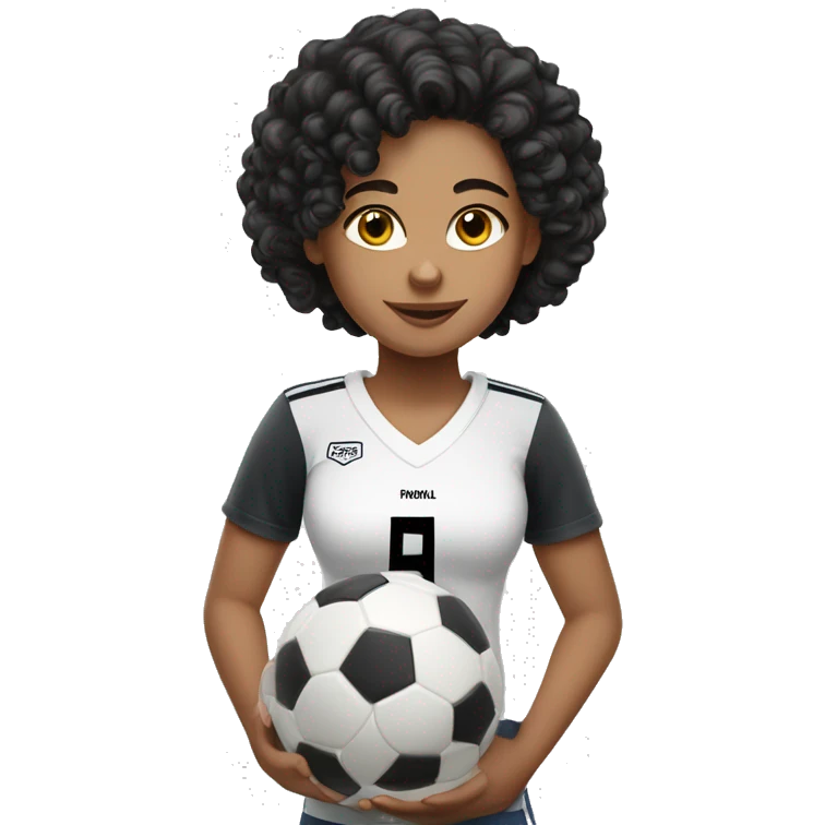 Caucasian girl with black curly hair in a football shirt with a football ball emoji