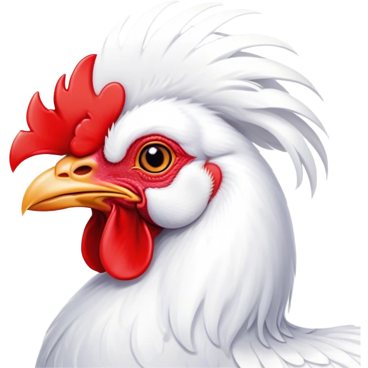 Cinematic Cute White Rooster Portrait Emoji, Head tilted playfully and inquisitively, featuring a glossy, immaculate white plumage with a vibrant red comb, round, sparkling eyes filled with curiosity, Simplified yet irresistibly adorable features, highly detailed, glowing with a warm, friendly glow, high shine, affectionate and spirited, stylized with a touch of farmyard whimsy, bright and endearing, soft glowing outline, capturing the essence of a mischievous yet loving rooster, so playful it feels like it could strut out of the screen and into your arms! emoji