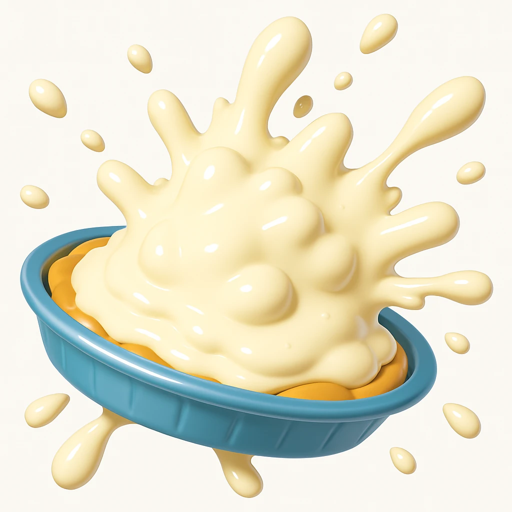 Recreate this cream pie splat with the same dynamic perspective and splash shape, but in the shiny, playful 3D emoji style emoji