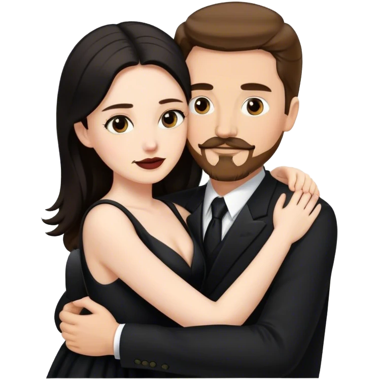 tall white man with brown hair goatee mustache hugging a pale woman with long black hair, wearing black formal clothing emoji