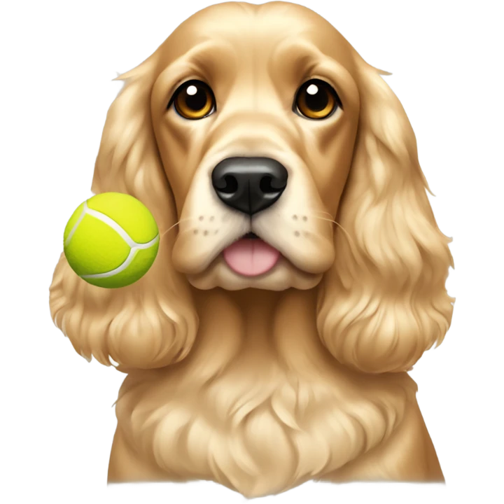 A golden cocker spaniel with a tennis ball and a light blonde patch on her head emoji