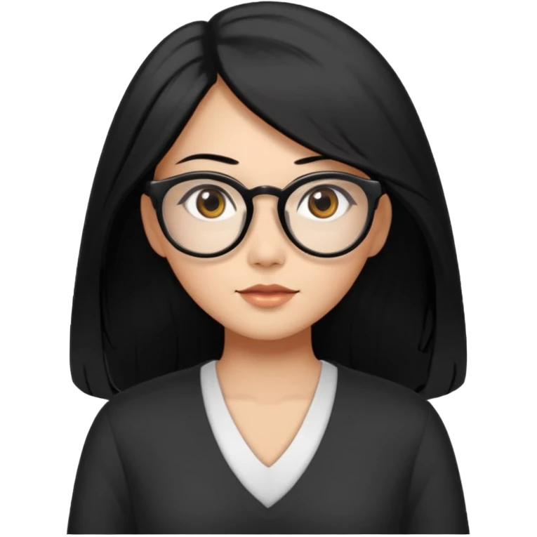 medium tan asian woman with long black hair past middle of back, round brown eyes, white v neck blouse. she has black thick frame glasses on. emoji